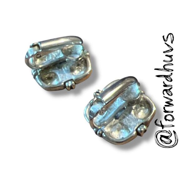 Square Silver Tine Clip On Earrings with Raised Cross Pattern - Picture 4 of 9